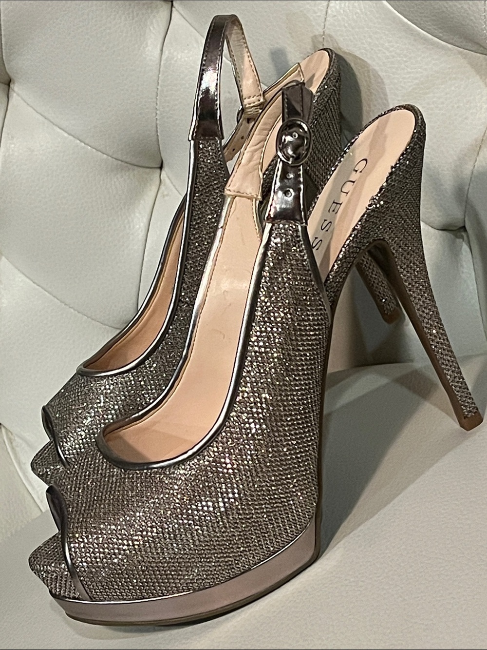 Guess Metallic Bronze Peep-Toe Slingback Heels